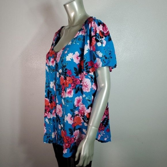 Torrid Rayon Slub Button Front Flutter Sleeve Top Plus Size 1X Short Sleeve Blue - Picture 3 of 6